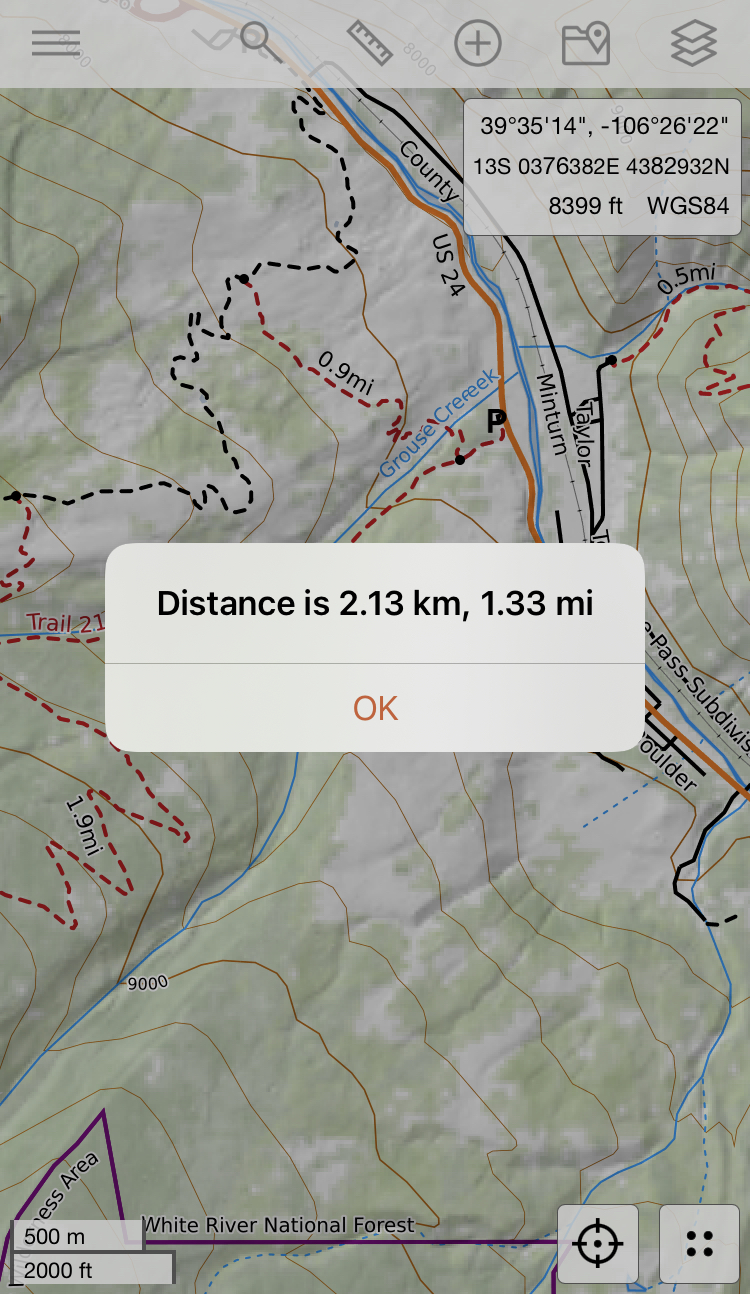 image of the mobile app with a line drawn on the map and a distance calculation showing 841m or .52 miles